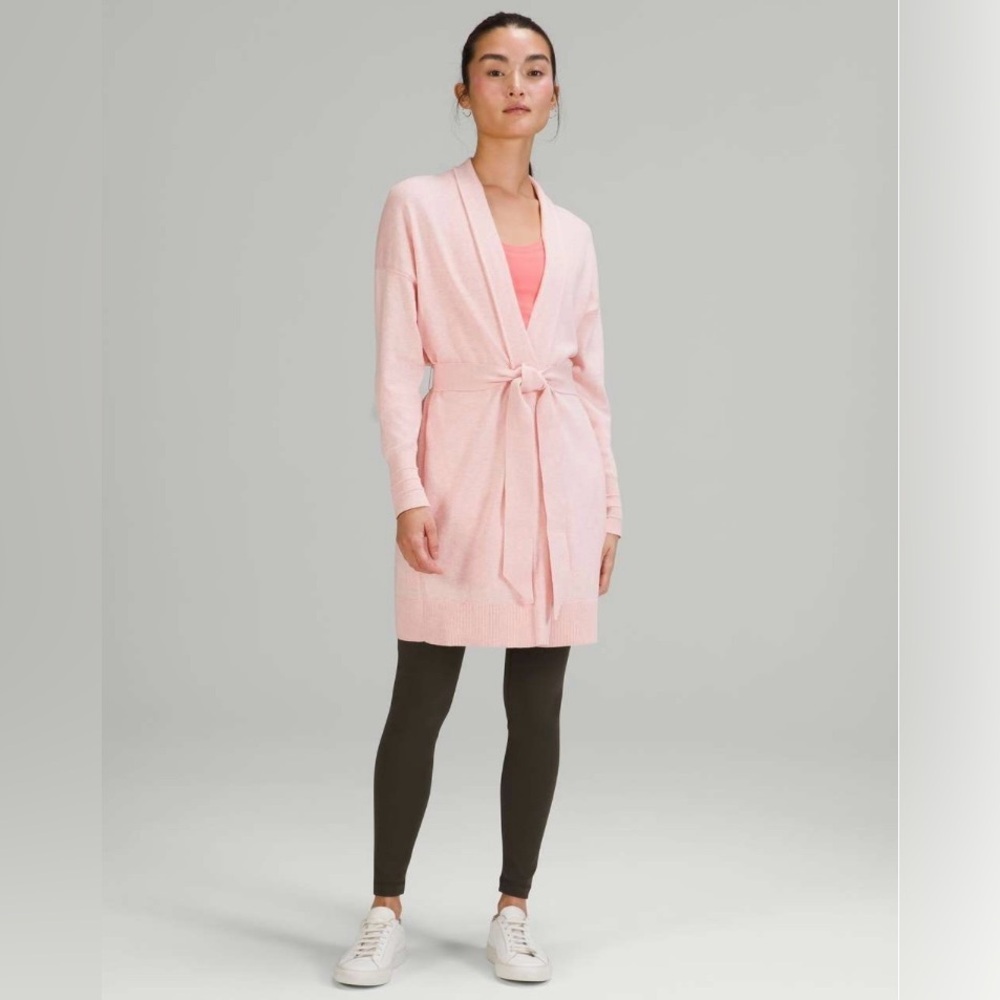 Soft Pink Cashmere Belted Longline Cardigan Sweater